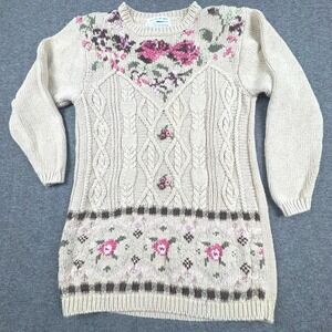 Vtg Knitted By Hand Chrysantheme Sweater Dress Woman S. Floral‎ Cottagecore Cozy